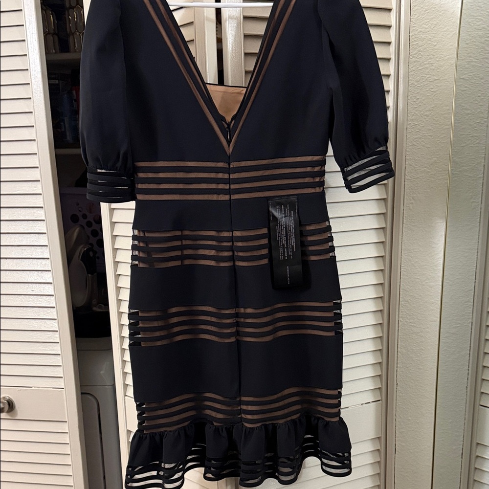 BCBGMaxAzria Black and Tan Striped Long Sleeve Dress